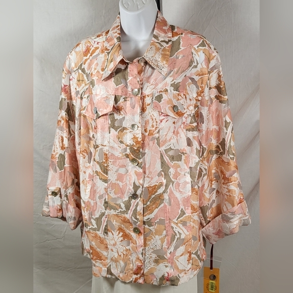 Ruby Rd. Jackets & Blazers - RUBY RD. Pink and Tan Floral Print Button Up Shirt Jacket - Size 18W or 1X